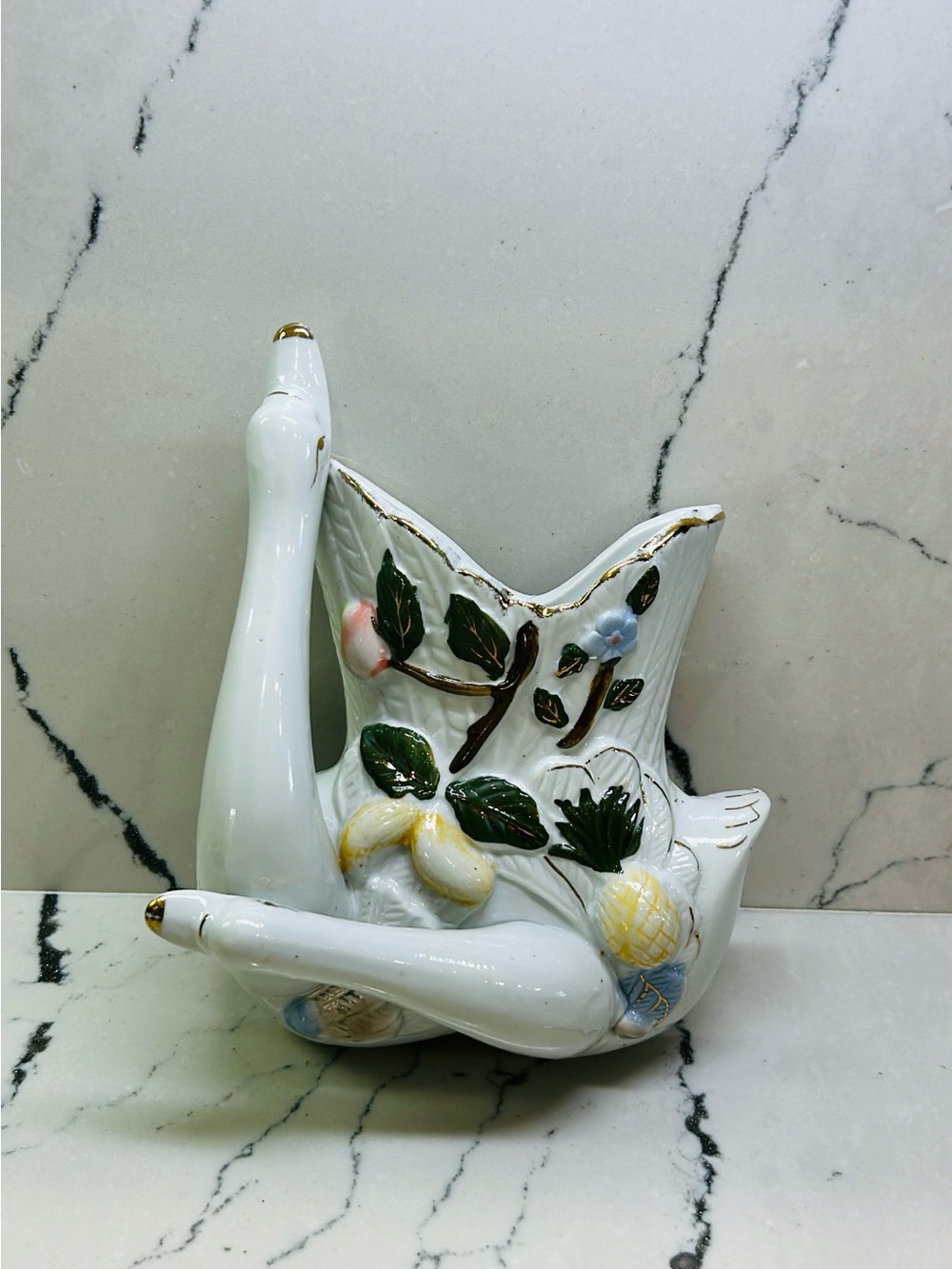 Ceramic Swan Wall Pocket Vase White with Green and Pastel Accents